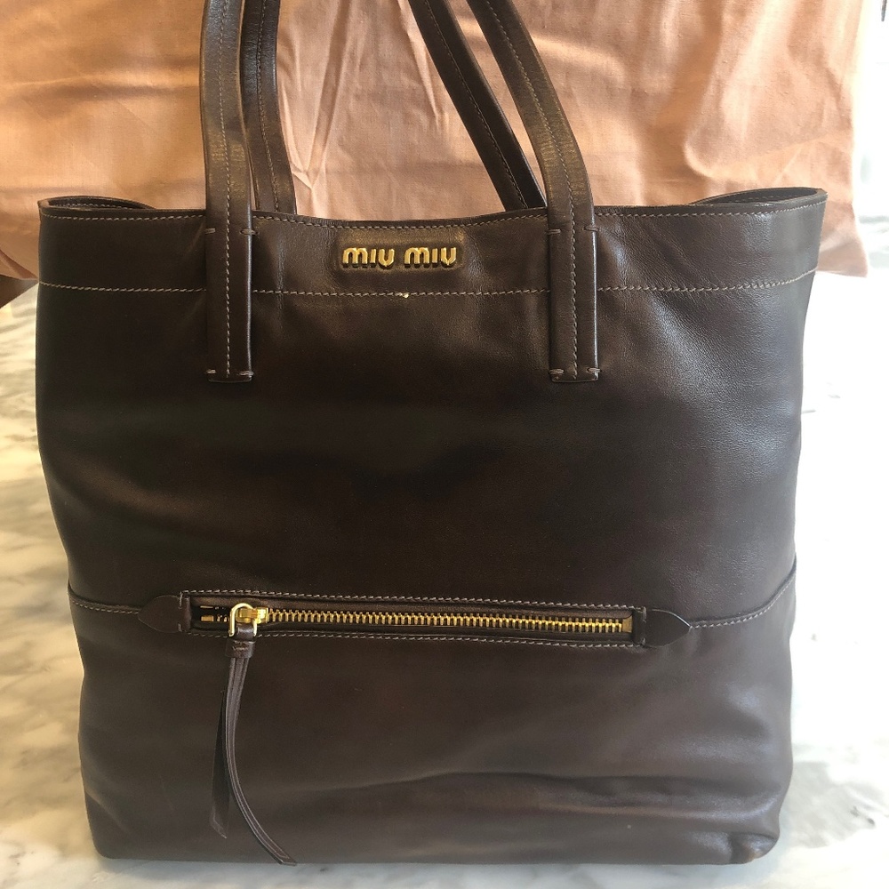 MiuMiu Chocolate Leather tote with gold accents